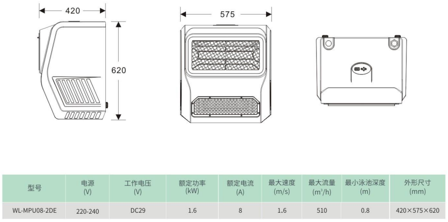 MPU08壁挂式微型逆流游泳机结构参数表